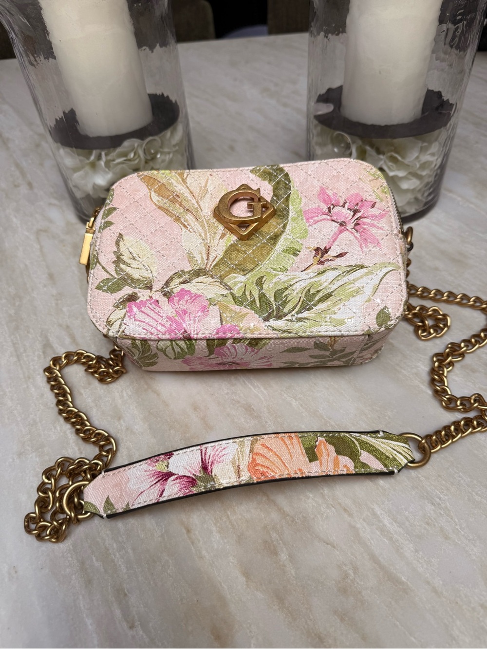Guess Floral Textured Crossbody Bag in Pink and Green with Gold Chain